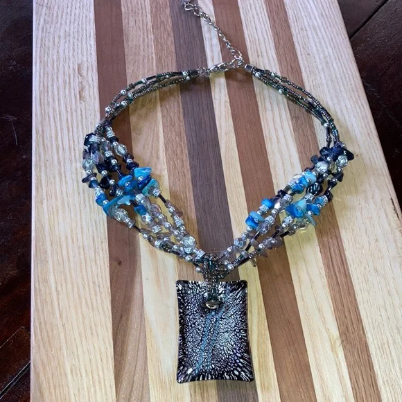 Handcrafted Beaded Necklace Teal Black Silver Glass Pendant - Picture 2 of 6